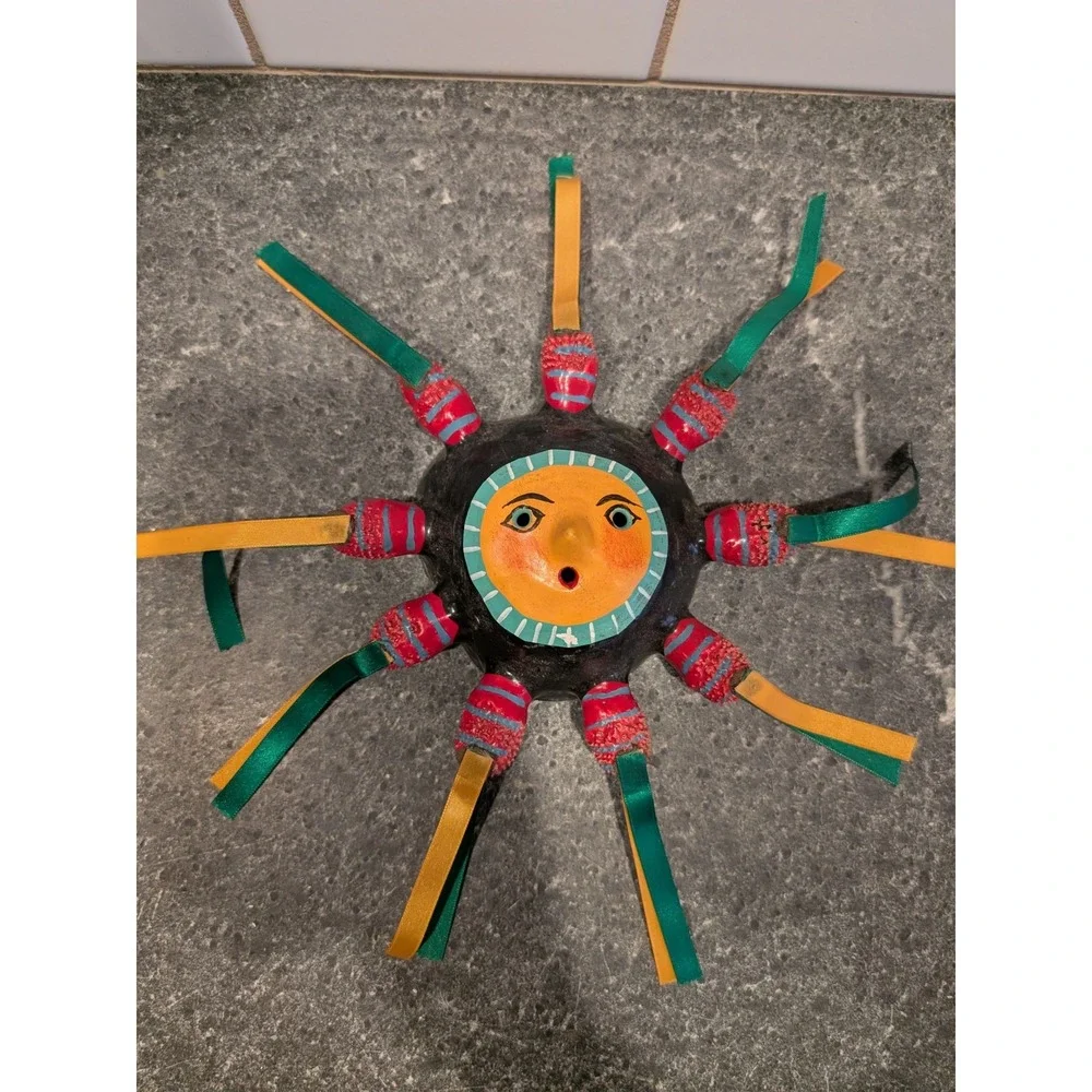 Handmade Mexican Sun Face Mask Folk Art Coconut Ribbon Decoration
